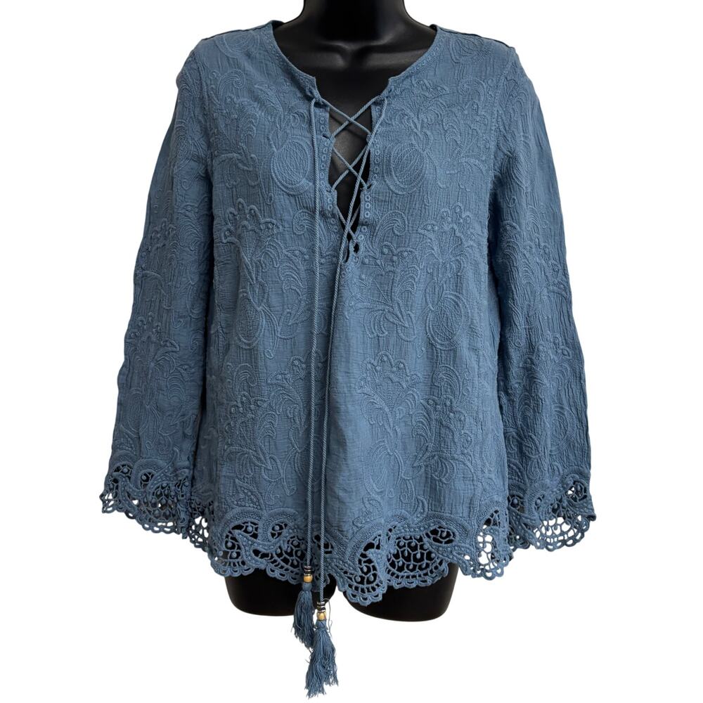 Oddy Blouse Medium Blue Boho Lace Embroidered Tassel Tie Peasant Top Nee